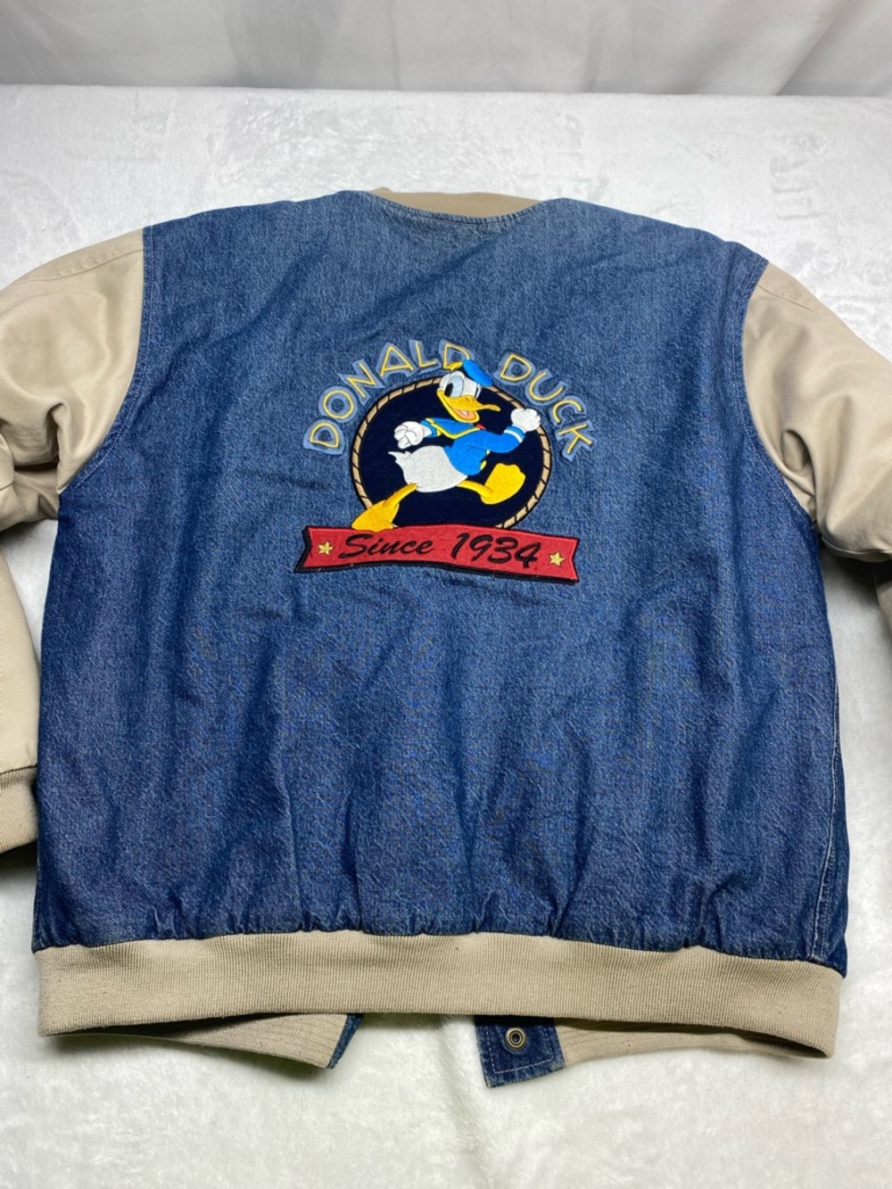 Rare vintage 90s Disney Donald Duck denim varsity jacket Size Small